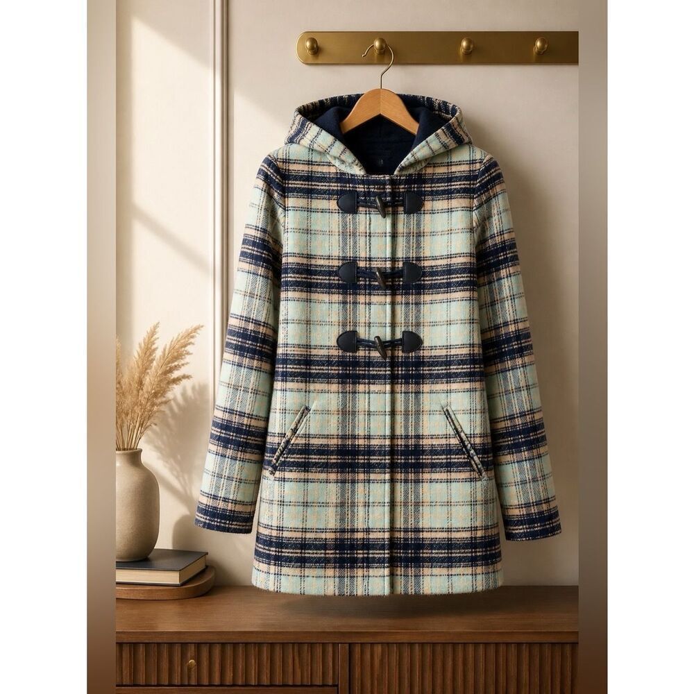 BABY BLUE, B&W PLAID HOODED WINTER COAT NYC XS